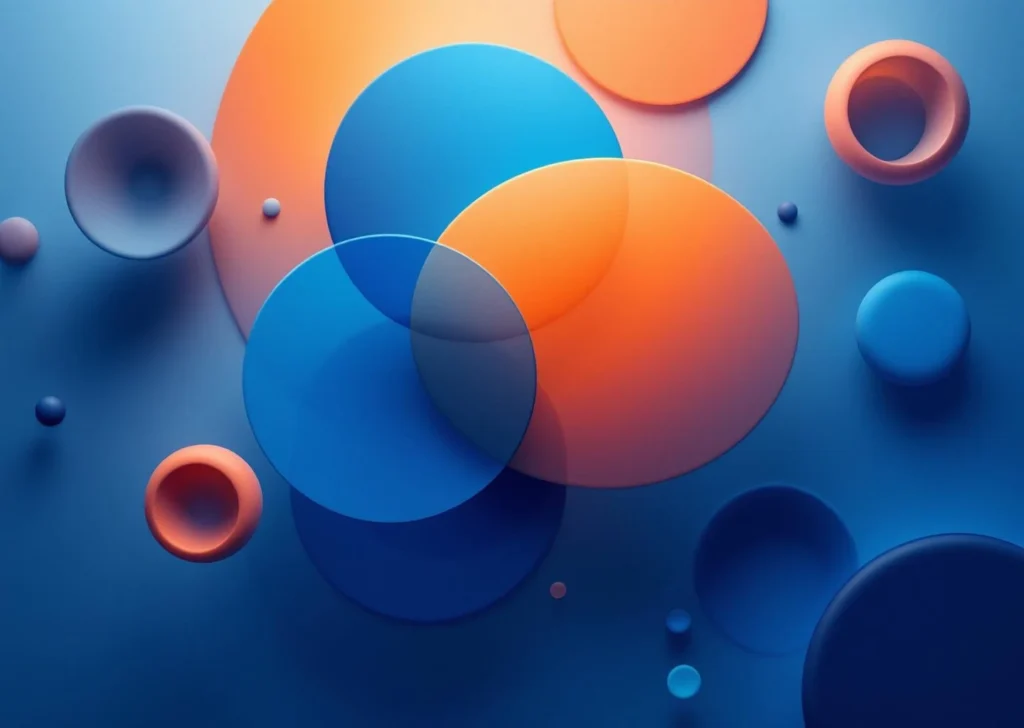 Abstrakti geometrinen koostumus kelluvista läpikuultavista muodoista sinisissä ja oransseissa sävyissä valkoisella taustalla