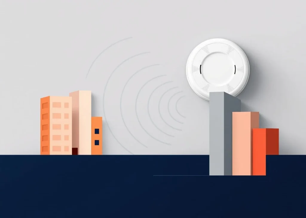 Valkoinen palovaroitin geometrisessä minimalistisessa sommitelmassa, jossa siniset ja oranssit rakennusmuodot