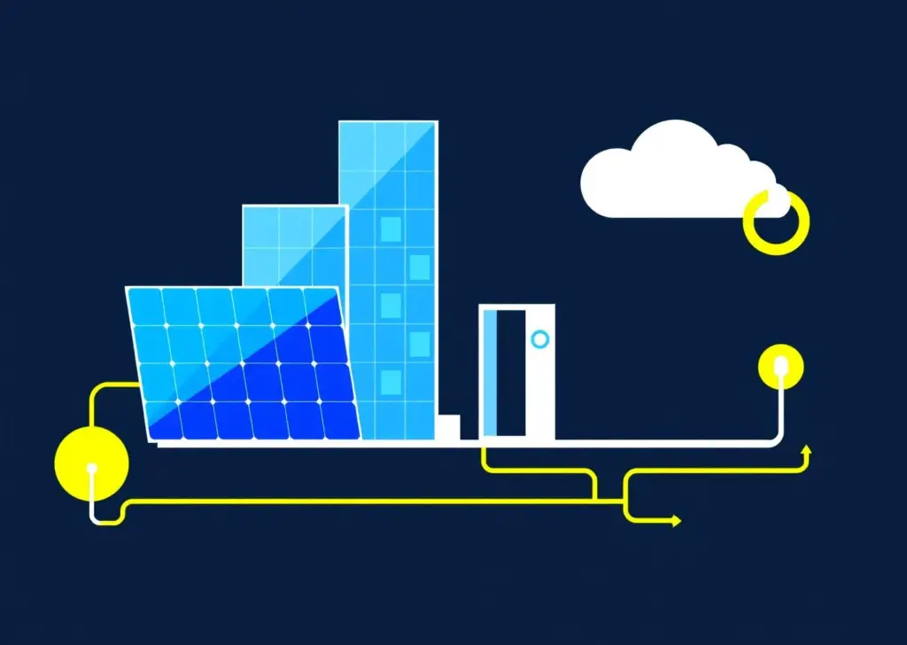 Abstrakti minimalistinen koostelma aurinkopaneeleista, rakennuksista ja sähkövirtalinjoista sinivihreässä värityksessä
