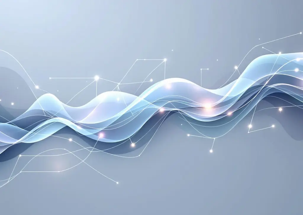 Abstrakti minimalistinen koostumus: virtaavat geometriset linjat muuttuvat energiaalloiksi sinivihreässä gradientissa.