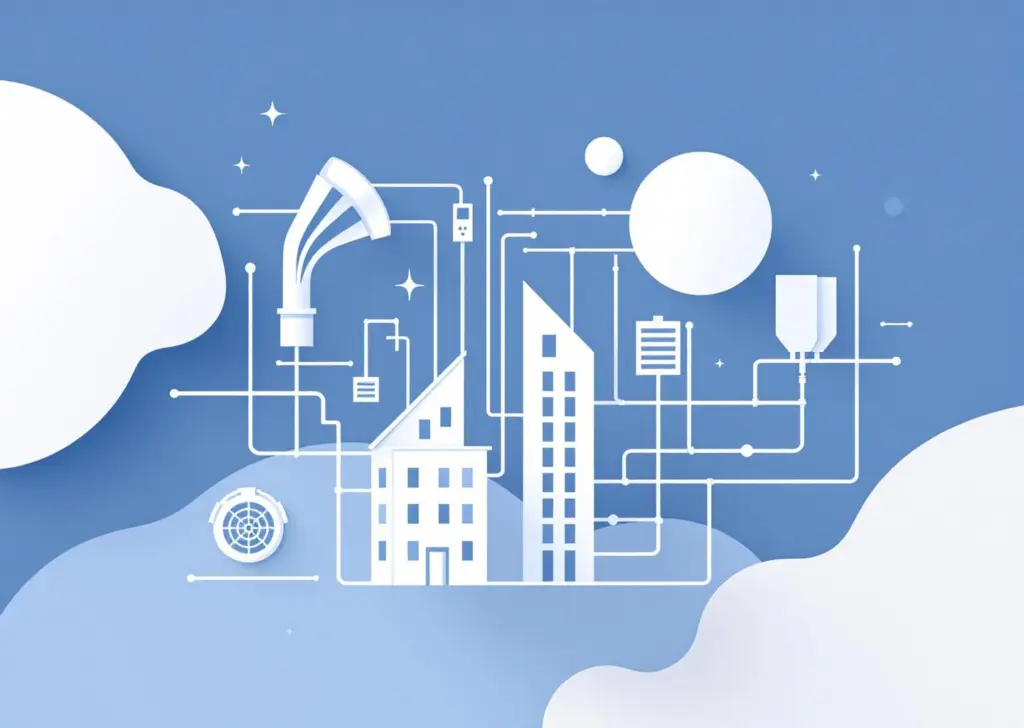 Abstrakti geometrinen HVAC-järjestelmien kuvaus uudisrakentamisessa, sinivalkoinen gradientti ja ilmanvaihtosymbolit