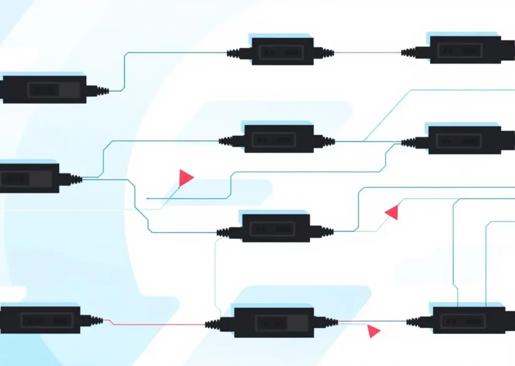 Abstrakti minimalistinen koostumus sähköasemien geometrisista silueteista sinivalkoisella taustalla