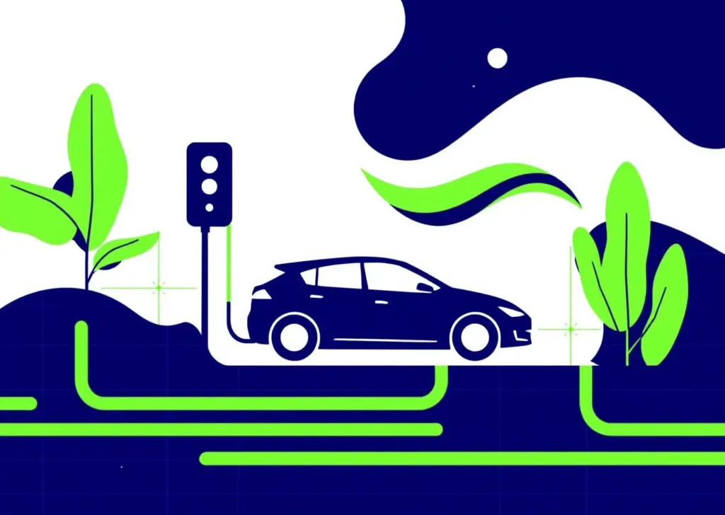 Sähköauton latauskaapeli yhdistää geometrisen auton siluettiin vihreässä ja sinisessä minimalistisessa kuvassa