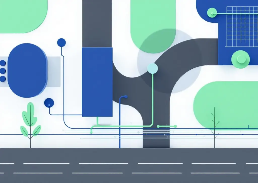 Sähköautojen latausasemien abstrakti geometrinen kuvaus sinisillä ja vihreillä muodoilla valkoisella taustalla