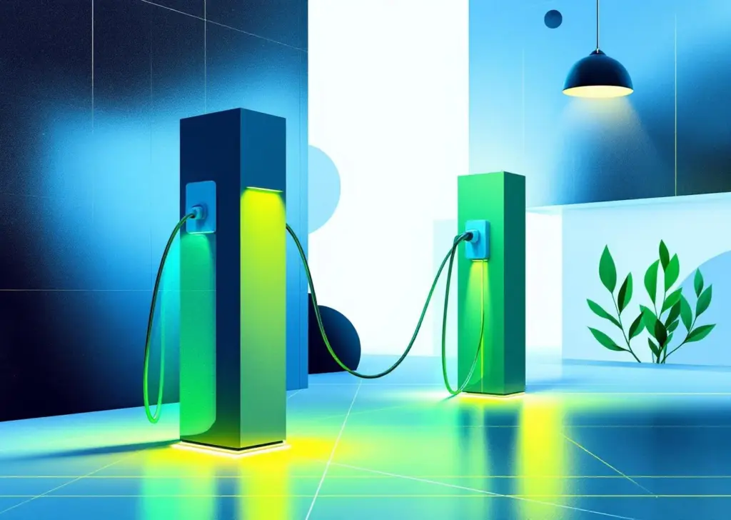 Abstrakti minimalistinen koostumus sähköautojen latausasemista geometrisinä muotoina sinisellä ja vihreällä